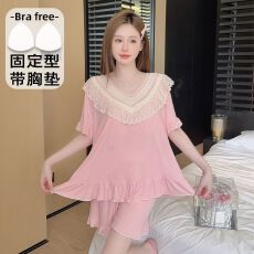 批发带固定胸垫<b class='q'>睡衣</b>女夏<b class='q'>莫代尔</b>短袖套宽松大码220斤可穿家居服