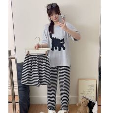 批发新款夏季三件套睡衣女简约圆领套头舒适仿棉家居<b class='q'>服</b>