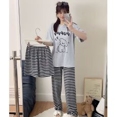 批发新款夏季三件套睡衣女简约圆领套头舒适仿棉家居<b class='q'>服</b>