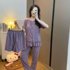 批发夏季新款云朵棉短袖<b class='q'>三件套</b>带胸垫高质量家居服套装可外穿