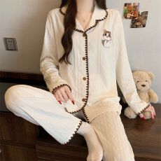 批发仿棉提花月牙ins风韩版刺绣小猫咪亲肤家居服套装