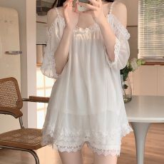 批发<b class='q'>春</b>夏新款睡衣女蕾丝性感甜美短袖家居服套装带胸垫睡衣