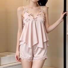 批发实拍<b class='q'>性感</b><b class='q'>睡衣</b>女夏冰丝吊带短裤套装立体蝴蝶结高级感带胸垫家居服