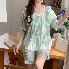 带胸垫云朵棉万年格夏季薄款花边短袖短裤睡衣女家居服