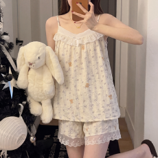 带胸垫泡泡皱布蕾丝花边夏季睡衣女公主风吊带套装