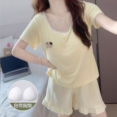 批发仿棉带胸垫睡衣女夏<b class='q'>短袖</b>短<b class='q'>裤</b>家居服套<b class='q'>装</b>韩版ins风可外穿