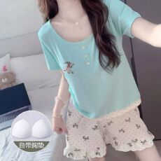 批发仿棉带胸垫睡衣女夏<b class='q'>短袖</b>短<b class='q'>裤</b>家居服套<b class='q'>装</b>韩版ins风可外穿
