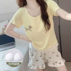 批发仿棉带胸垫睡衣女夏<b class='q'>短袖</b>短<b class='q'>裤</b>家居服套<b class='q'>装</b>韩版ins风可外穿