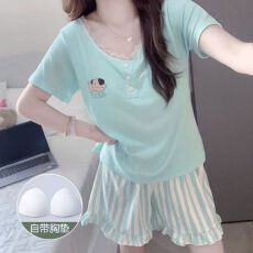 批发仿棉带胸垫睡衣女夏<b class='q'>短袖</b>短<b class='q'>裤</b>家居服套<b class='q'>装</b>韩版ins风可外穿