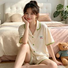 批发ins绣花蝴蝶结仿棉贝壳短袖短裤<b class='q'>睡衣</b>女家居服套装