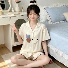 批发ins风韩系绣花小猫仿棉贝壳短袖短裤<b class='q'>睡衣</b>女家居服套装