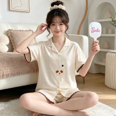 批发ins风韩系绣花小熊仿棉贝壳短袖短裤<b class='q'>睡衣</b>女家居服套装