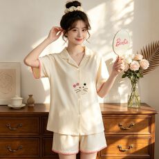 批发ins风韩系绣花小猫仿棉贝壳短袖短裤<b class='q'>睡衣</b>女家居服套装