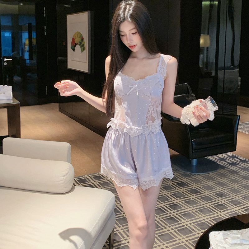 BY28383# 纯欲风带胸垫睡衣少女夏季薄款冰丝蕾丝性感高级感吊带家居服套装 服裝批發女裝批發服飾貨源