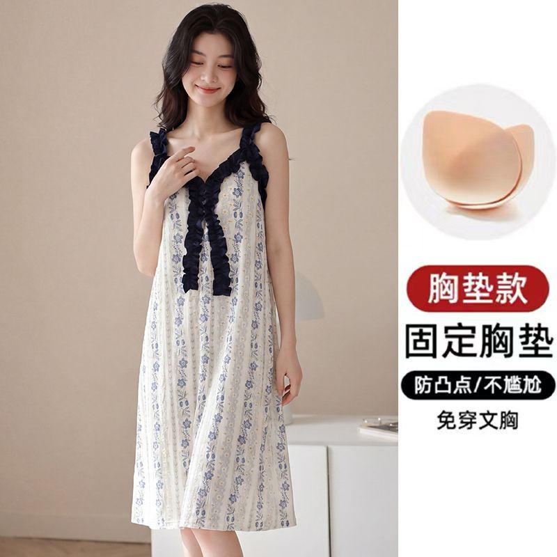 BY28381# 吊带胸垫中长款花边睡裙女夏季甜美可爱云朵棉家居服 服裝批發女裝批發服飾貨源