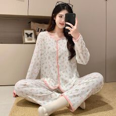 批发睡衣女秋季新款6535棉开衫印花长袖套装韩版宽松甜美可爱家居服
