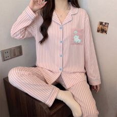 批发ins风韩系灰色条纹腊肠狗仿棉拉架长袖家居服<b class='q'>套装</b>