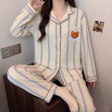 批发ins风韩系灰色条纹腊肠狗仿棉拉架长袖家居服<b class='q'>套装</b>