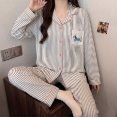批发ins风韩系灰色条纹腊肠狗仿棉拉架长袖家居服<b class='q'>套装</b>