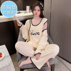 批发带胸垫<b class='q'>睡衣</b>女秋季新款仿棉绉布<b class='q'>三件套</b>家居服