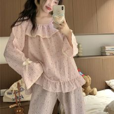 睡衣女春秋新款长袖长裤云朵棉甜美公主风碎花格子少女家居服套装
