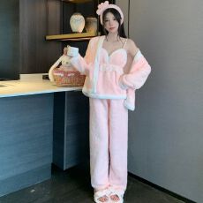 批发秋冬<b class='q'>睡衣</b>女<b class='q'>性感</b>吊带长裤外袍送同色头带法兰绒加厚家居服套装