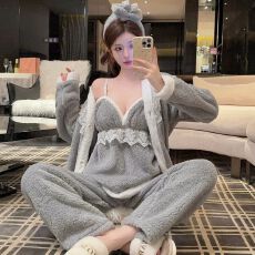 批发秋冬<b class='q'>睡衣</b>女<b class='q'>性感</b>吊带长裤外袍送同色头带珊瑚绒加厚家居服套装