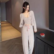 批发秋季女士上衣针织毛衣针织棉三件套休闲风<b class='q'>睡衣</b>带胸垫