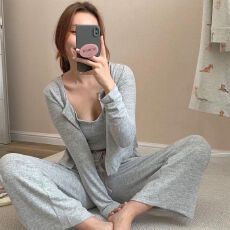 批发秋季女士上衣针织毛衣针织棉三件套休闲风<b class='q'>睡衣</b>带胸垫
