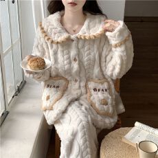 批发<b class='q'>睡衣</b><b class='q'>女</b>秋冬新款可爱卡通开衫珊瑚绒提花绒保暖加厚家居服套装