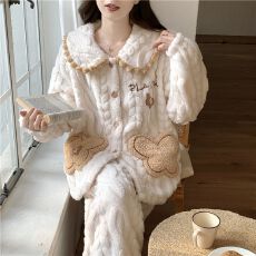 批发<b class='q'>睡衣</b><b class='q'>女</b>秋冬新款可爱卡通开衫珊瑚绒提花绒保暖加厚家居服套装