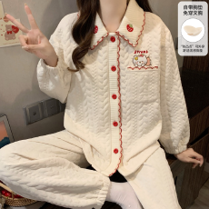 批发冬季新款<b class='q'>睡衣</b><b class='q'>女</b>空气夹层270g翻领开衫长袖长裤舒适保暖家居服套装