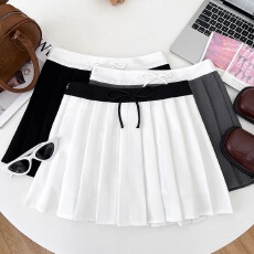 批发韩版休闲时尚撞色系带高腰显瘦半身裙百褶裙防走光短裙a字裙女