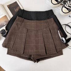 批发美式复古格纹高腰显瘦半身裙防走光短裙百褶裙a字裙女裤裙小个子