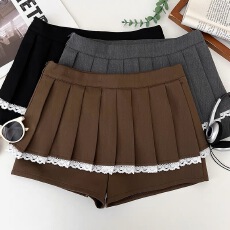 批发甜美时尚百搭蕾丝边拼接高腰显瘦半身裙防走光短裙百褶裙a字裙女