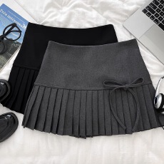 批发设计感甜美百搭系带蝴蝶结高腰显瘦西装半身裙百褶裙防走光短裙女