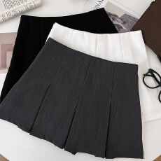 批发设计感时尚百搭不规则撞色格纹高腰显瘦荷叶边裙裤休闲裤短裤女