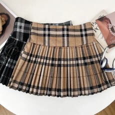 批发韩版气质百搭格纹毛呢高腰<b class='q'>显瘦</b>半身裙百褶裙短裙a字裙女秋冬新款