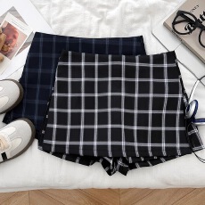 批发韩版设计感格纹高腰显瘦侧边拉链开叉西装裤裙休闲裤短裤女秋<b class='q'>冬</b>