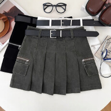 批发韩版复古洗水牛仔高腰显瘦双口袋<b class='q'>半身裙</b>百褶裙防走光短裙a字裙女