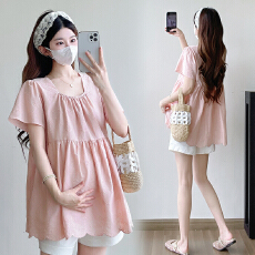 批发实拍2025<b class='q'>夏</b>季新款娃娃衫宽松显瘦时尚百搭孕妇减龄蝴蝶结刺绣上衣