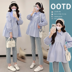 批发2026新款实拍春秋装长袖遮肚简约纯色衬衣哺乳上衣