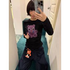 批发40支230克95%棉+5%氨纶后包领正肩t恤女早秋公仔印花慵懒