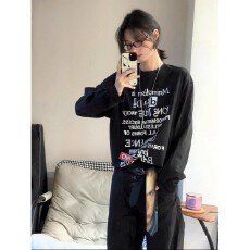 批发220克纯棉紧密赛络纺<b class='q'>个性</b>酷酷印花字母长袖圆领<b class='q'>T</b>秋宽松