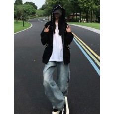 批发原版做法钉珠+刺绣纯棉复合 <b class='q'>潮牌</b>重工钉珠黑色连帽卫衣