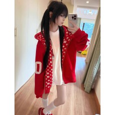 批发原版尺寸 绣花+原布内抽 纯棉复合美式复古红色字母刺绣开<b class='q'>衫</b>连帽