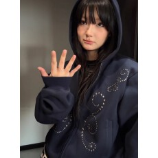 批发纯棉复合 原版尺寸拉链 烫钻纯棉复合藏青色钉珠帽<b class='q'>衫</b>卫衣女款