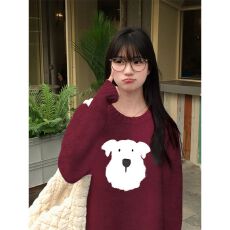 批发实码600克7针狗狗印花毛衣绒温柔风奶fufu软糯大码宽松秋冬内搭女