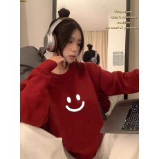 批发实码600克7针奶fufu软糯高级感穿搭温柔风宽松秋冬外穿笑脸印花