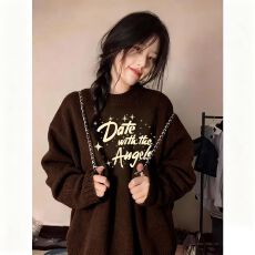 批发实码600克7针奶fufu软糯高级感穿搭温柔风宽松秋冬外穿字母印花